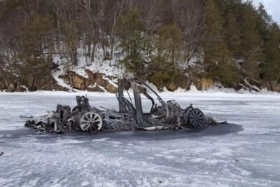 Tesla Model X fire frozen lake