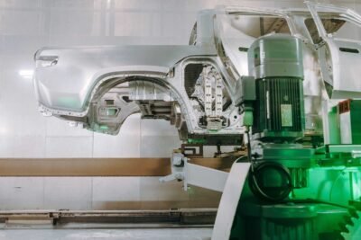 a rivian r1t body frame enters the e coat process in the paint shop at rivian s manufacturing plant in normal il